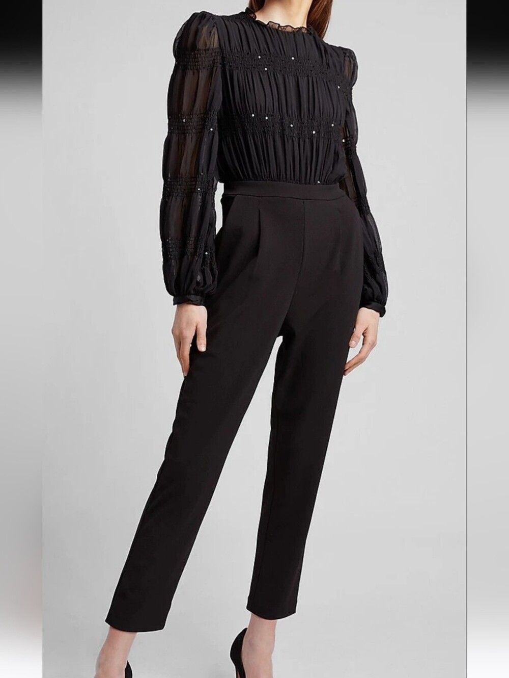 Elegant Black Jumpsuit Frilly Top With Sequins Accents And Pockets . Sz SP